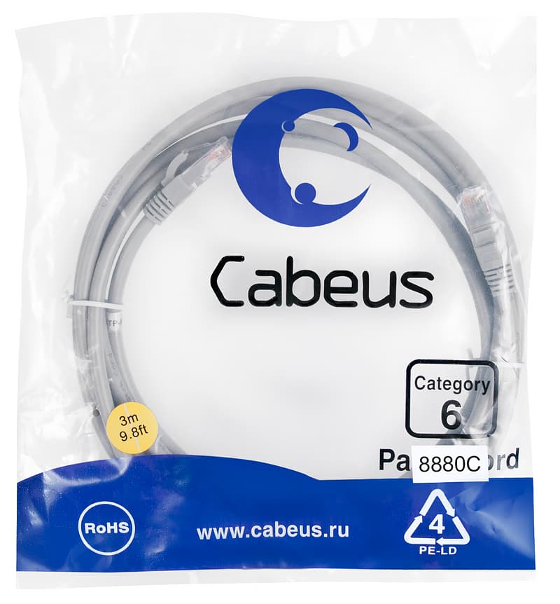 Патч-корд U/UTP, категория 6, 2xRJ45/8p8c, неэкранированный, серый, LSZH, 3м