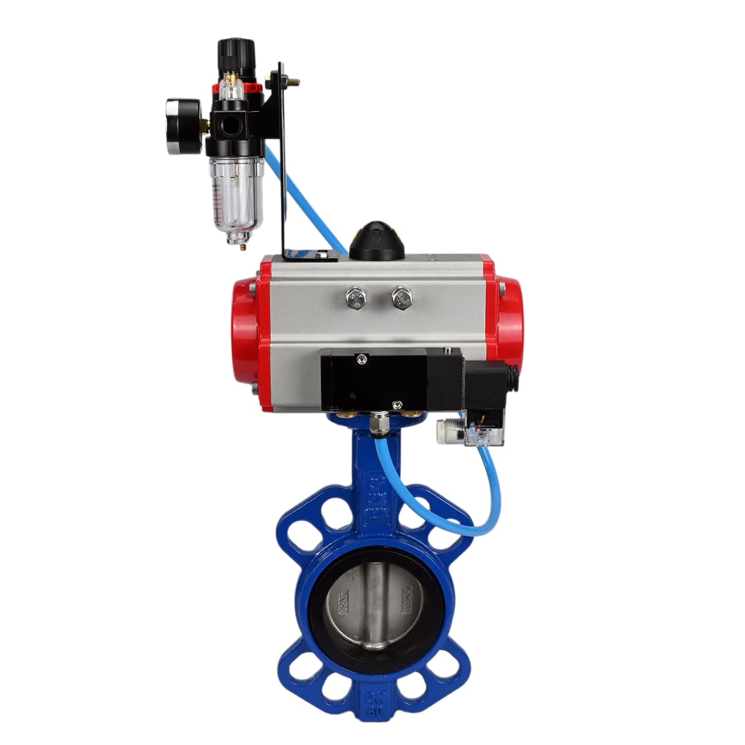 Затвор дисковый поворотный GGG50-316L-EPDM Ду125 Ру16, корпус чугун GGG50, диск нержавеющая сталь 316L, уплотнение EPDM, с пневмоприводом DA-083 двойного действия, с пневмораспределителем PND2-S1EM-52-1NC-J08-220VAC, с БПВ APU1-10-40-V08