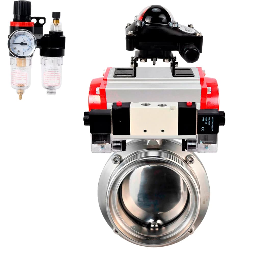 Затвор дисковый поворотный 304-304-EPDM-2W-T-H Ду65 Ру10 пищевая нержавеющая сталь 304, уплотнение EPDM, с пневмоприводом SA-083, пневмораспределителем PND1-S2EM-52-2-T08-220VAC, БКВ LSB-210-02NM12-220/24 и БПВ APU1-10-40-V08