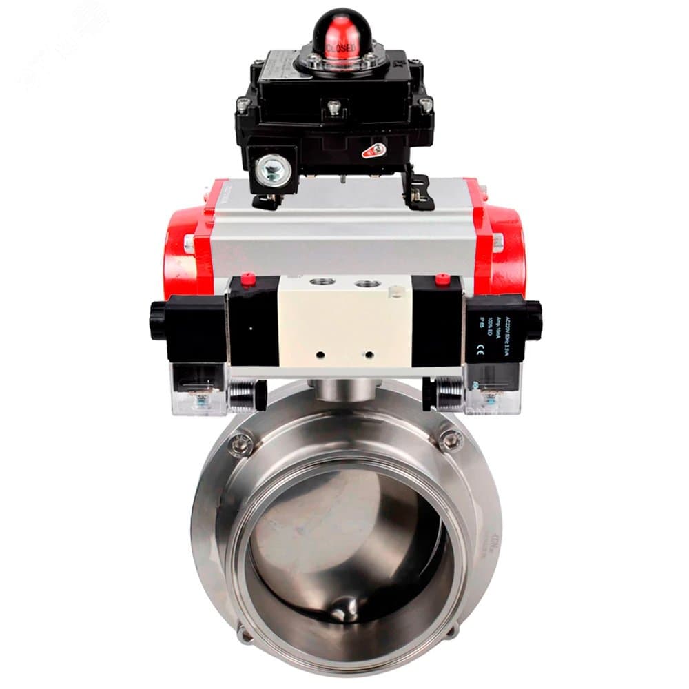 Затвор дисковый поворотный кламповый 304-304-Sil-2W-C-H Ду80 Ру10 корпус пищевая нержавеющая сталь 304, уплотнение Silicon, с пневмоприводом SA-083, пневмораспределителем PND1-S2EM-52-2-T10-220VAC и БКВ LSB-410-02ExM12-250