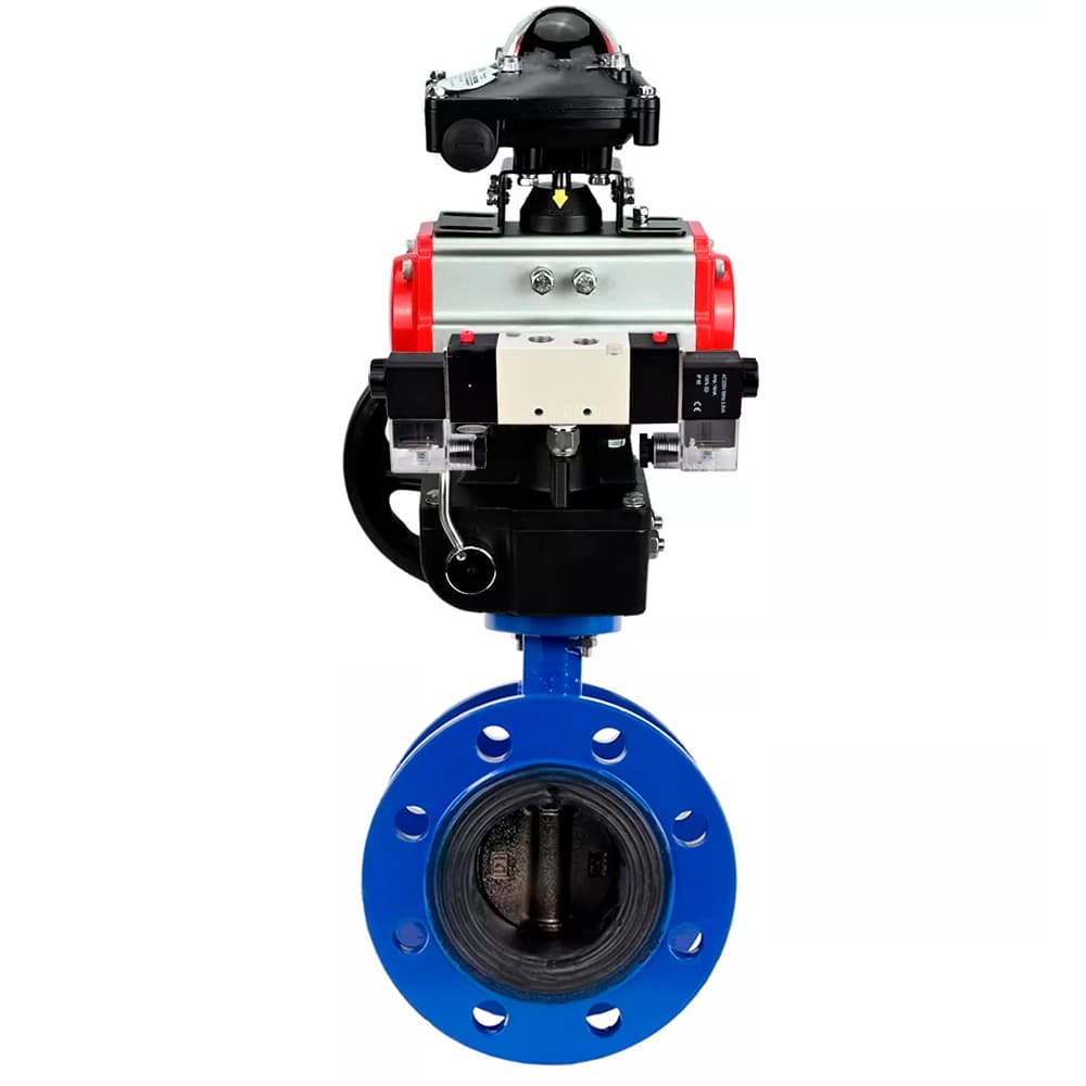 Затвор дисковый поворотный GGG40-304-EPDM-2W-F-H Ду50 Ру16 чугун GGG40, диск нержавеющая сталь 304, EPDM, с пневмоприводом DA-105, пневмораспределителем PND1-S2EM-52-2-T08-220VAC, БКВ LSB-210-02NM12-220/24 и ручным дублером HDM-3