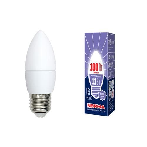 Лампа светодиодная LED-C37-11W/DW/E27/FR/NR . Форма свеча, матовая, Norma, дневной белый свет (6500K), картон, ТМ Volpe