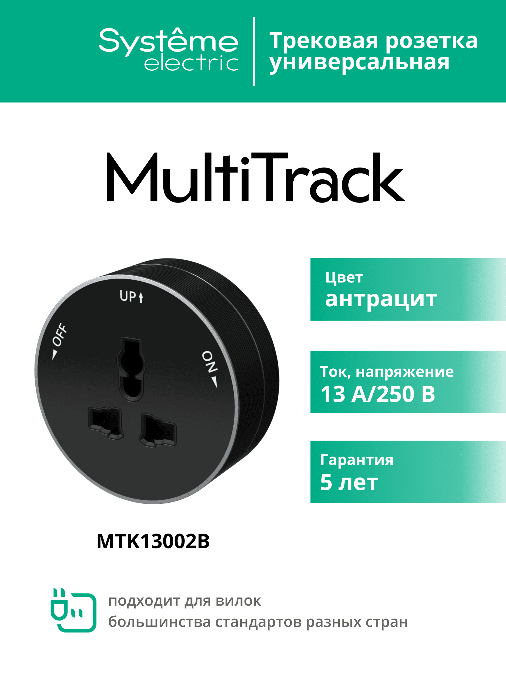 MultiTrack Розетка универс. круглая 13А/250В Антрацит