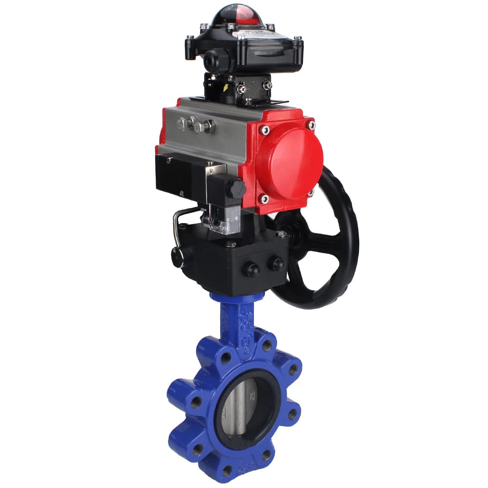 Затвор дисковый поворотный QT450-304-EPDM-2W-Fb-H Ду50 Ру16 чугун QT450, диск нержавеющая сталь 304, уплотнение EPDM, пневмопривод DA-065, пневмораспределитель PND2-S1EM-52-1NC-J08-24VDC, БКВ LSB-210-02NM12-220/24, редуктор HDM-1