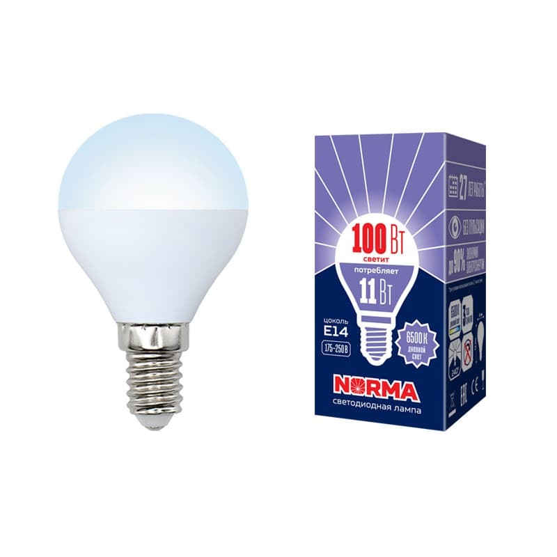 Лампа светодиодная LED-G45-11W/DW/E14/FR/NR Форма шар, матовая, Norma, дневной белый свет (6500K), картон, ТМ Volpe