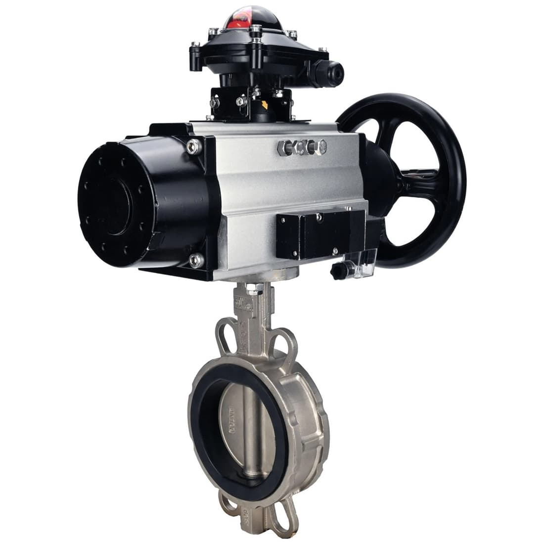 Затвор дисковый поворотный 304-304-VITON-2W-Fb-H Ду150 Ру16 межфланцевый, корпус нержав.сталь 304, диск нержав.сталь 304, VITON, с пн.приводом DA-105, пн.распределителем PND2-S1EM-52-1NC-J08-220VAC NAMUR и БКВ LSB-410-02ExM12-250