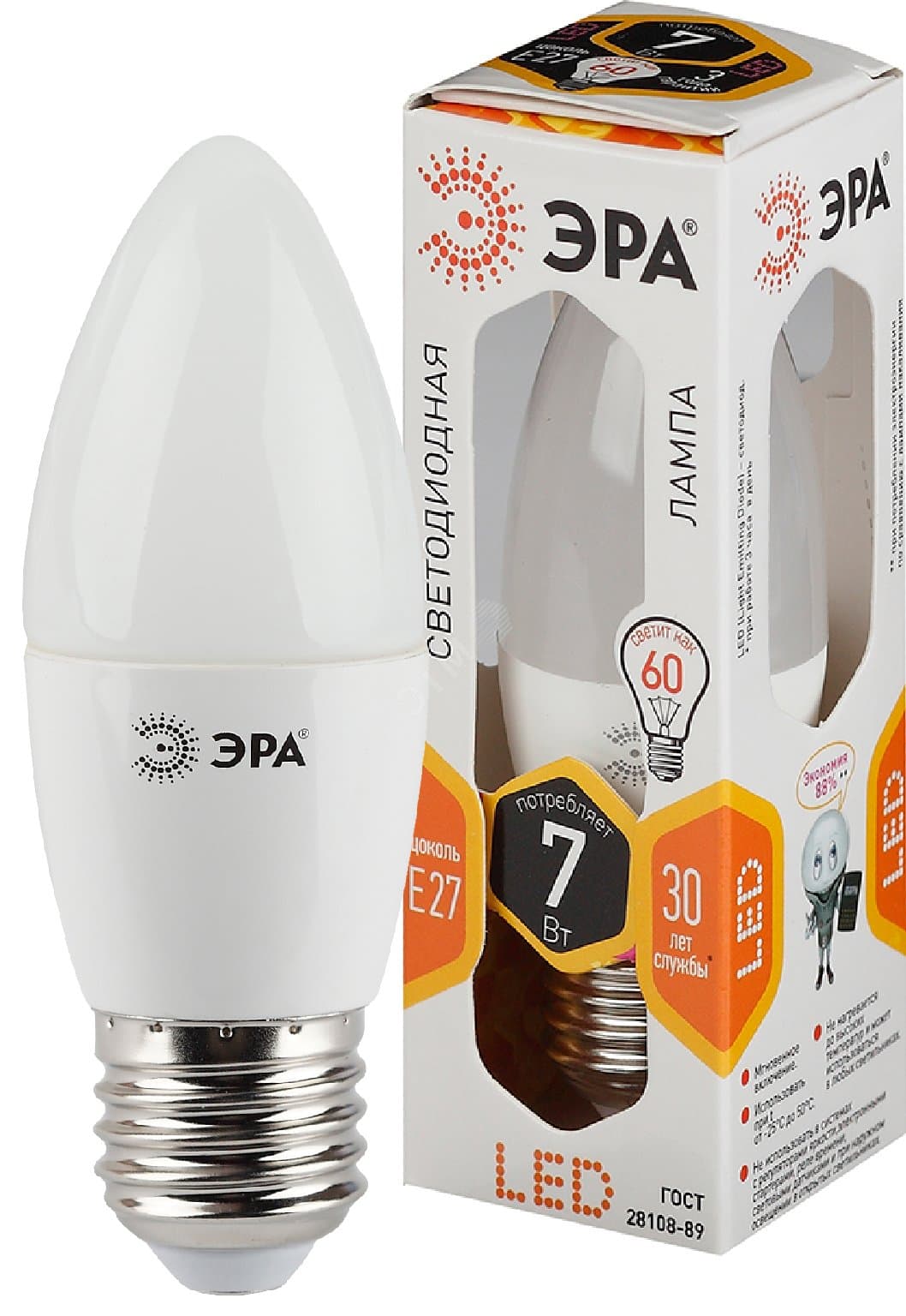 Лампа светодиодная LED 7 Вт 560Лм 2700К свеча теплый E27 170-265В LED B35-7W-827-E27 Standart