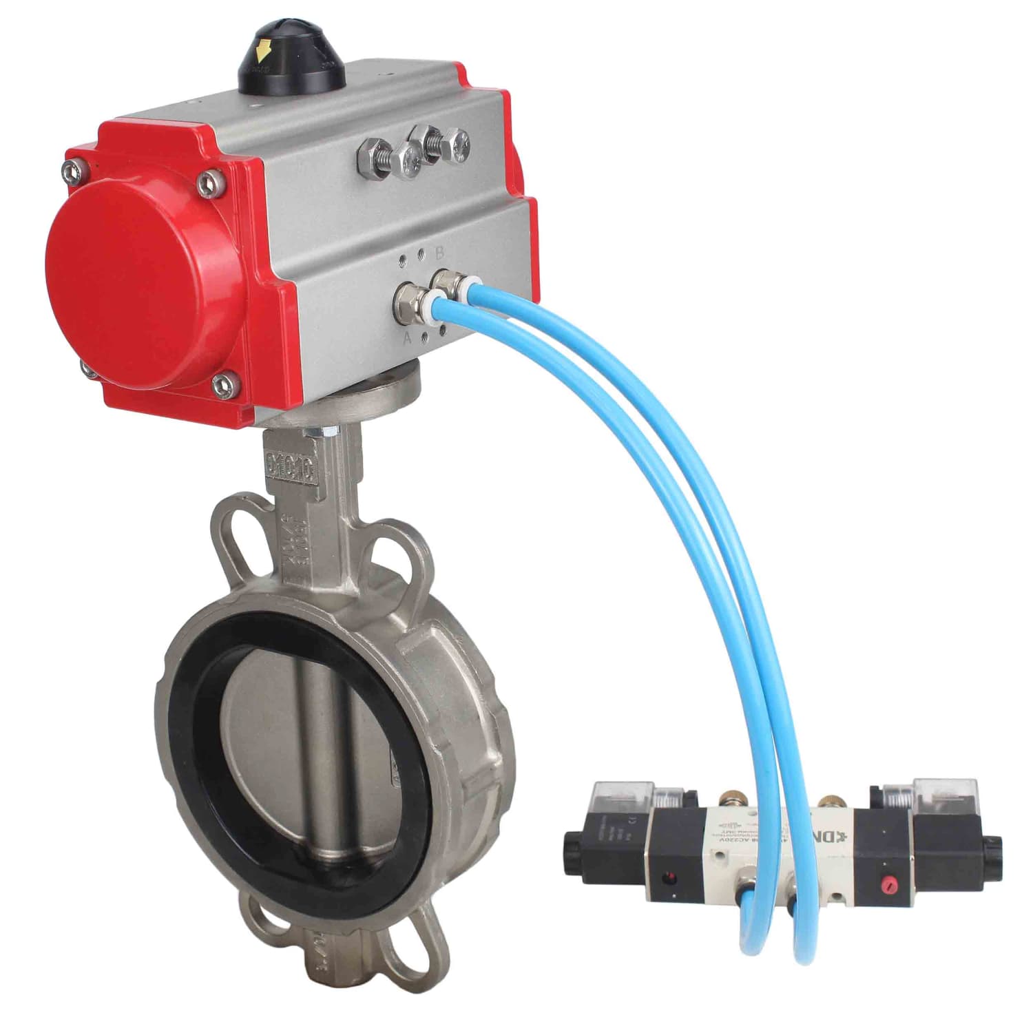 Затвор дисковый поворотный 304-304-NBR-2W-Fb-H Ду100 Ру16, корпус нержавеющая сталь 304, диск нержавеющая сталь 304, уплотнение NBR, с пневмоприводом SA-130 и пневмораспределителем PND1-S2EM-52-2-T10-220VAC
