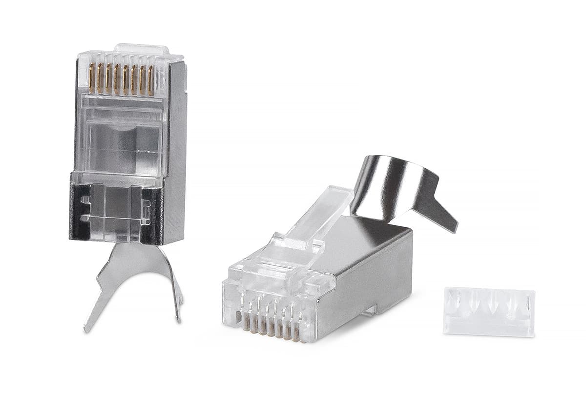 Коннектор RJ-45(8P8C) под витую пару, категория 6, экранированный, универсальный (для одножильного и многожильного кабеля), для проводников с толщиной по изоляции до 1.35 мм, со вставкой