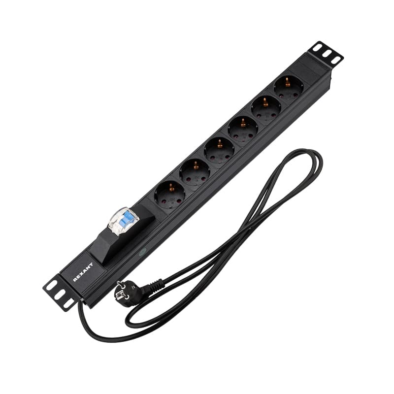 Блок розеток PDU горизонтальный 1U 6 розеток СЕЕ 7/4 Schuko 16A автомат защиты шнур 2м вилка СЕЕ 7/7 Schuko черный