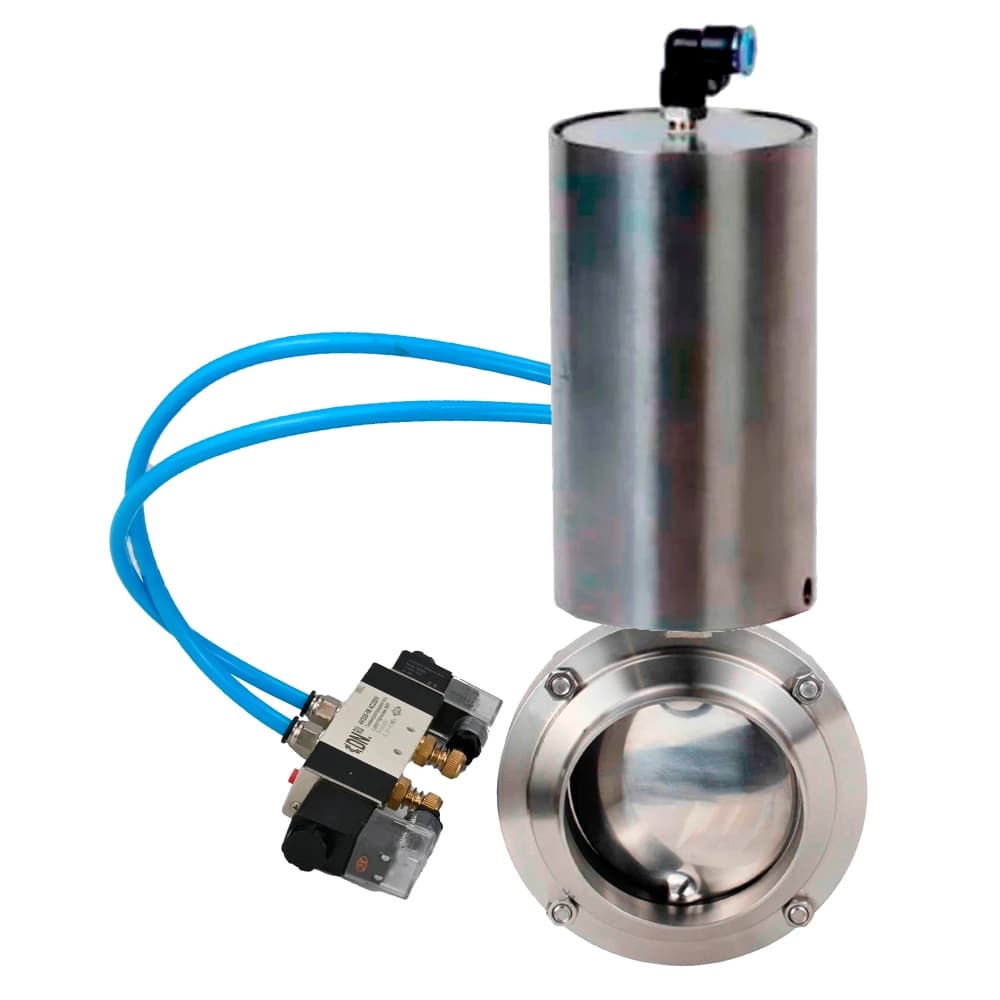 Затвор дисковый поворотный 304-304-Sil-2W-W-H Ду15 Ру10 пищевая нержавеющая сталь 304, уплотнение Silicon, с пневмоприводом ПВП-85 и пневмораспределителем PND1-S2EM-52-2-T10-220VAC