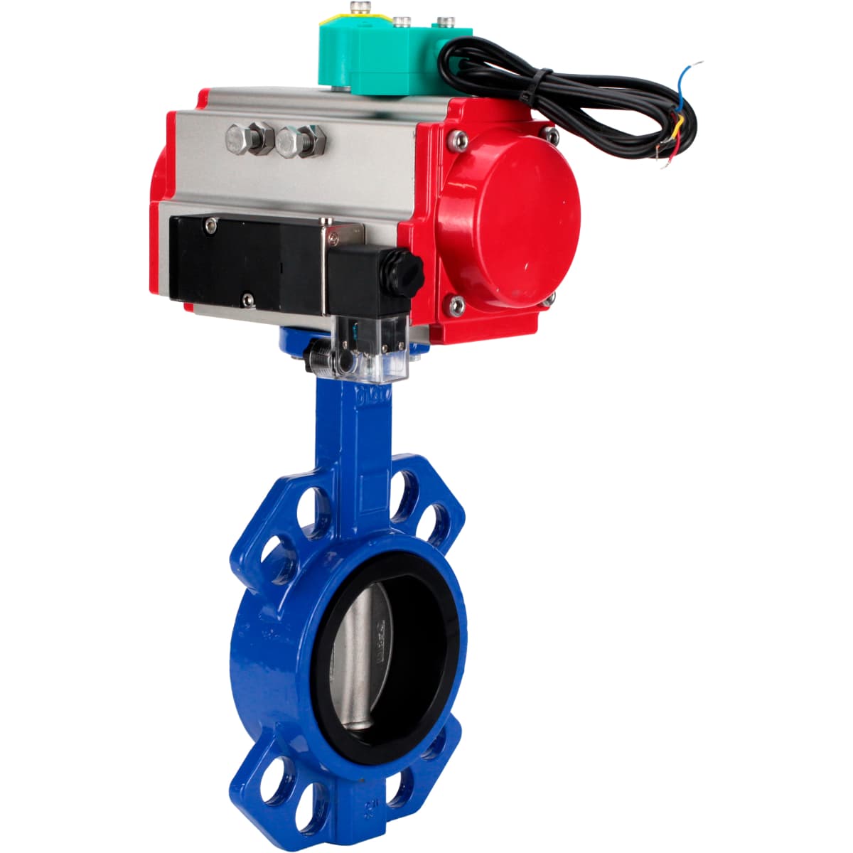 Затвор дисковый поворотный GGG50-316L-EPDM Ду125 Ру16 корпус чугун GGG50, диск нержавеющая сталь 316L, уплотнение EPDM, с пневмоприводом DA-083, пневмораспределителем PND2-S1EM-52-1NC-J08-220VAC и магнитным переключателем МППП-200