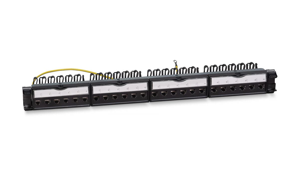 Патч-панель 19'' (1U). 24 порта RJ-45. категория 6a. полностью экранированная. с задним кабельным организатором. безинструментный монтаж