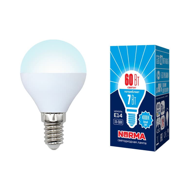 Лампа светодиодная LED-G45-7W/NW/E14/FR/NR . Форма шар, матовая, Norma, белый свет (4000K), картон, ТМ Volpe