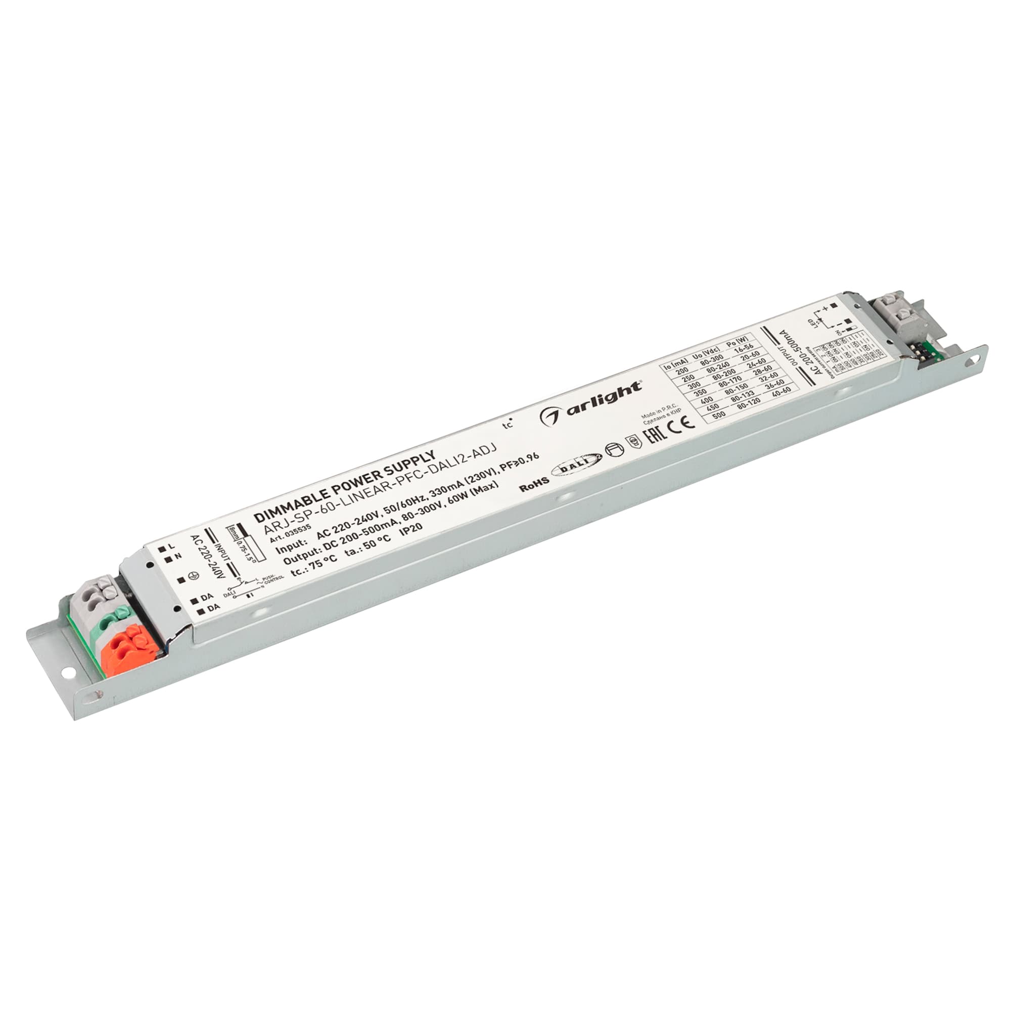 Блок питания ARJ-SP-60-LINEAR-PFC-DALI2-ADJ (60W, 80-300V, 0.2-0.5A) ( IP20 Металл, 5 лет)