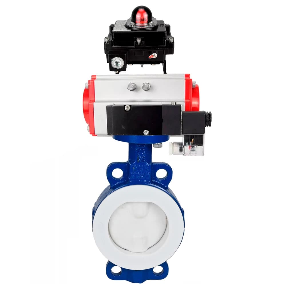 Затвор дисковый WCB-WCB-PTFE-PTFE-Fb-R Ду200 Ру16 корпус и диск углеродистая сталь WCB, футерованный PTFE, уплотнение PTFE, пневмопривод DA-105, пневмораспределителем PND2-S1EM-52-1NC-J08-24VDC и БКВ LSB-410-02ExM12-250