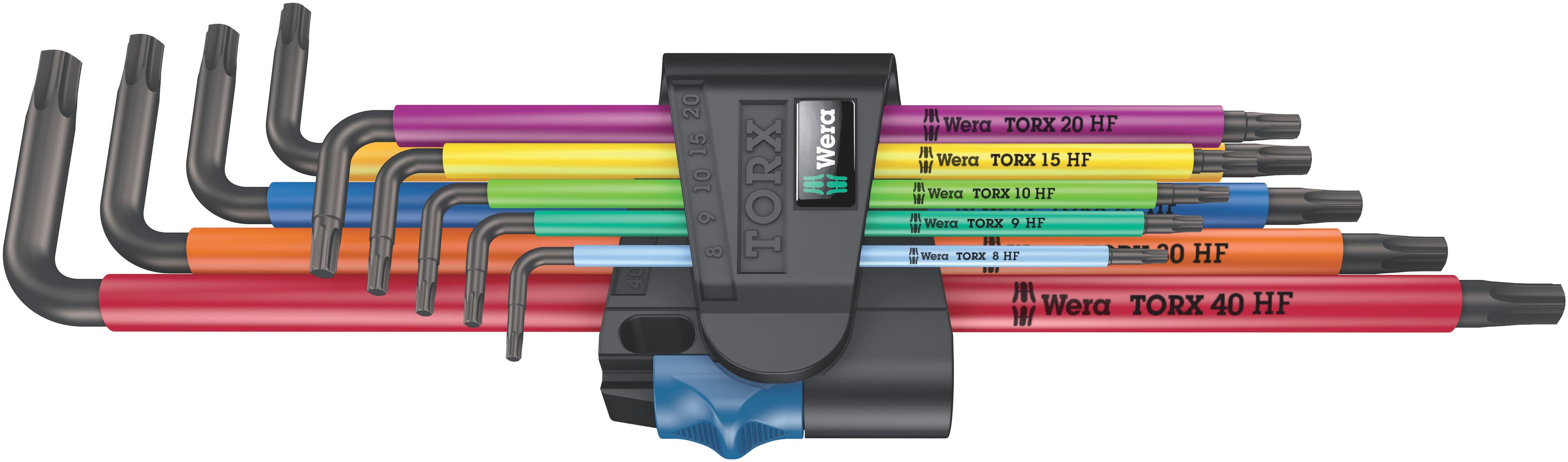 Набор Г-образных ключей с функцией фиксации крепежа 967/9 TX XL Multicolour HF TORX 1 удлиненный TX 8 - TX 40 9 предметов комплектация: 9x 967 SXL HF TORX Multicolour Г-образный ключ с функцией фиксации крепежа удлиненный: TX 8x90 TX 9x101 TX 10x112 TX 15x123 TX 20x137 TX 25x154 TX 27x172 TX 30x195 TX 40x224