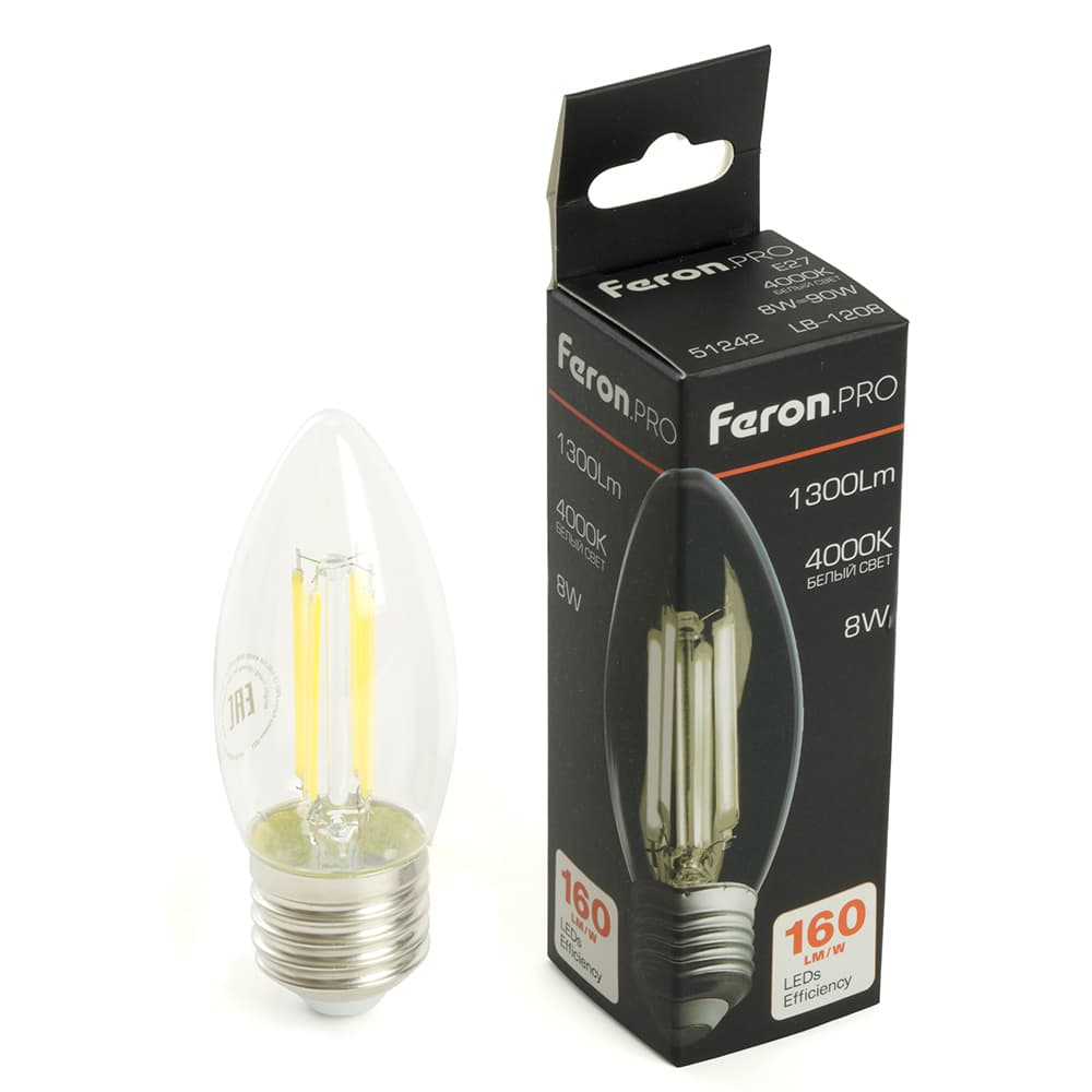 Лампа светодиодная LED 8вт Е27 белый свеча FILAMENT .PRO
