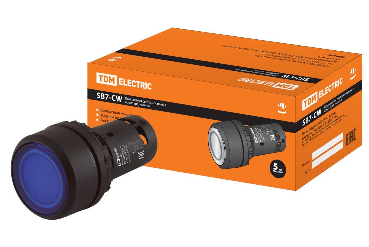 Кнопка SB7-CW3661-24V(LED) d22мм 1з, синяя