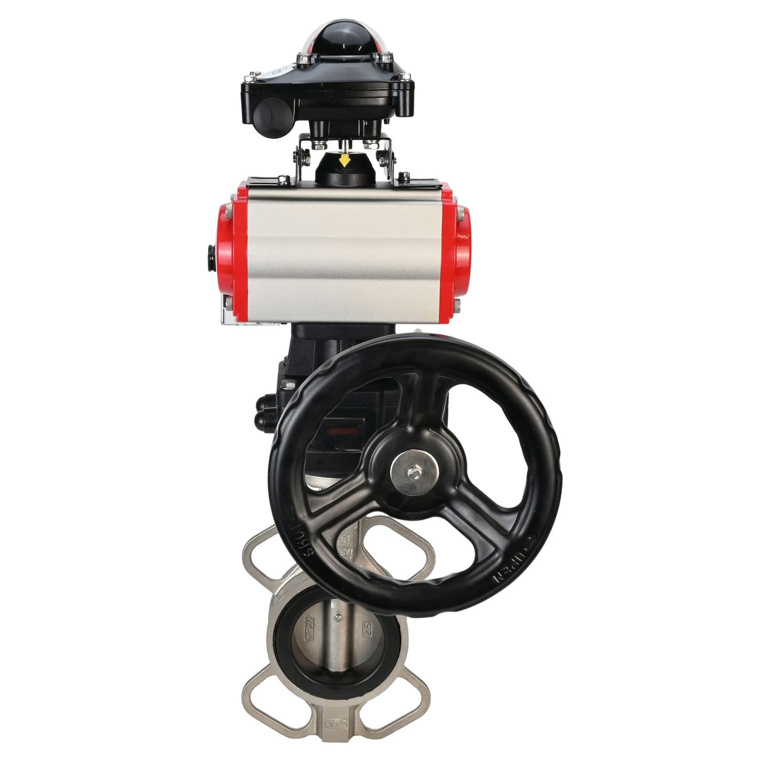 Затвор дисковый поворотный 316L-316L-PTFE Ду65 Ру16, корпус и диск нержавеющая сталь 316L, уплотнение PTFE, пневмопривод DA-083, пневмораспределитель PND2-S1EM-52-1NC-J08-220VAC, с БКВ LSB-210-02NM12-220/24, ручной дублёр HDM-2