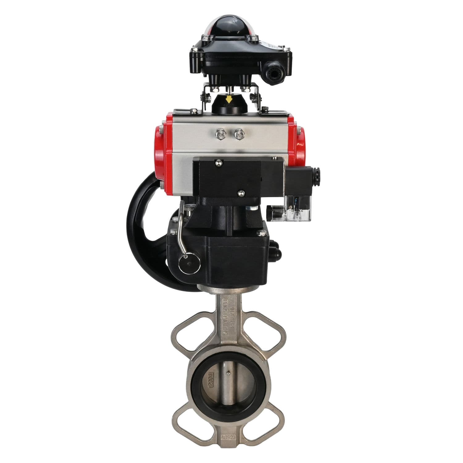 Затвор дисковый поворотный 316L-316L-PTFE Ду65 Ру16, корпус и диск нержавеющая сталь 316L, уплотнение PTFE, пневмопривод DA-083, пневмораспределитель PND2-S1EM-52-1NC-J08-220VAC, с БКВ LSB-210-02NM12-220/24, ручной дублёр HDM-2