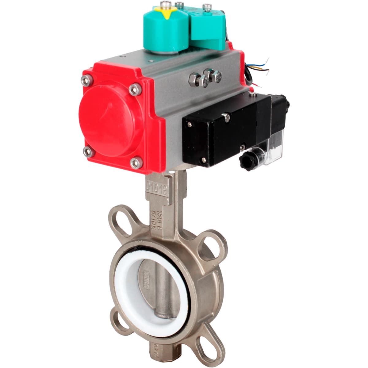 Затвор дисковый поворотный 316L-316L-PTFE Ду40 Ру16 корпус нерж. сталь 316L, диск нерж. сталь 316L, уплотнение PTFE, с пн.приводом DA-083, пн.распределителем PND2-S1EM-52-1NC-J08-220VAC и магнитным переключателем МППП-200