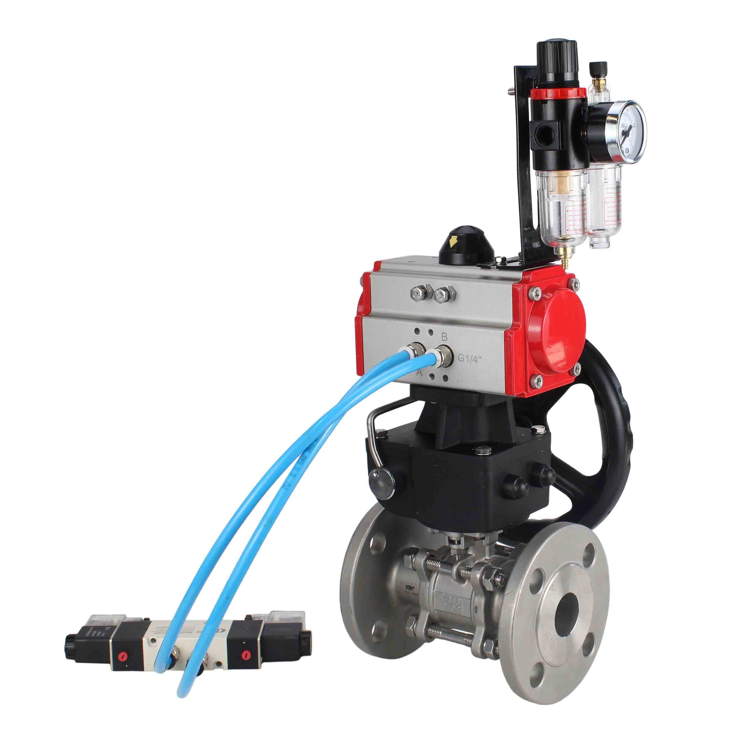 Кран шаровой КШФПТ 304.180 Ду25 Ру40, трехсоставной полнопроходной фланцевый, нержавеющая сталь SS304, PTFE, пневмопривод DA-052 двойного действия, пневмораспределитель PND1-S2EM-52-2-T08-220VAC, ручной дублёр HDM-1, с БПВ APU1-10-40-V08