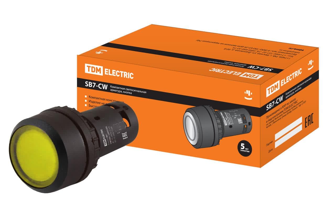 Кнопка SB7-CW3561-220V(LED) d22мм 1з, желтая