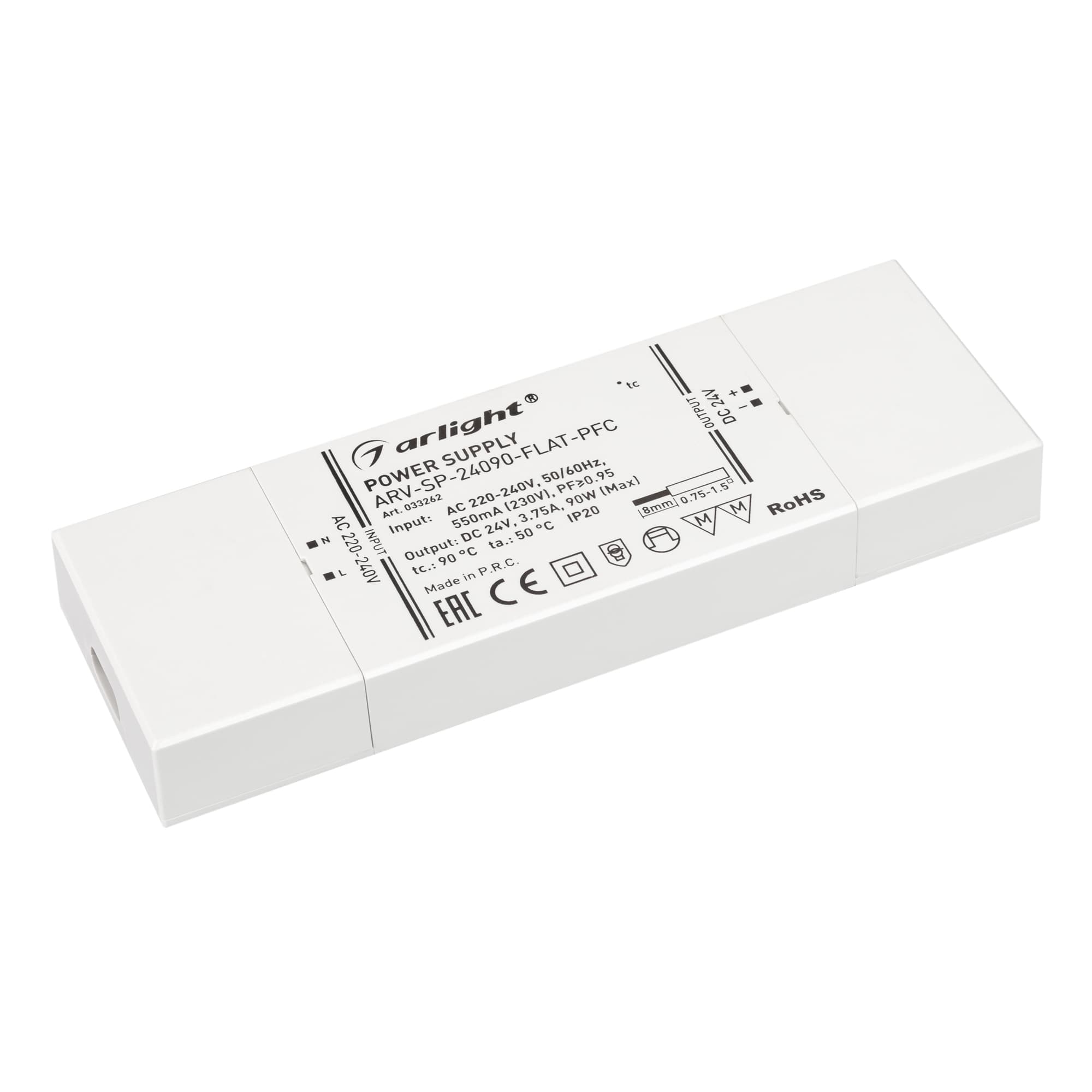 Блок питания ARV-SP-24090-FLAT-PFC (24V, 3.75A, 90W) ( IP20 Пластик, 5 лет)