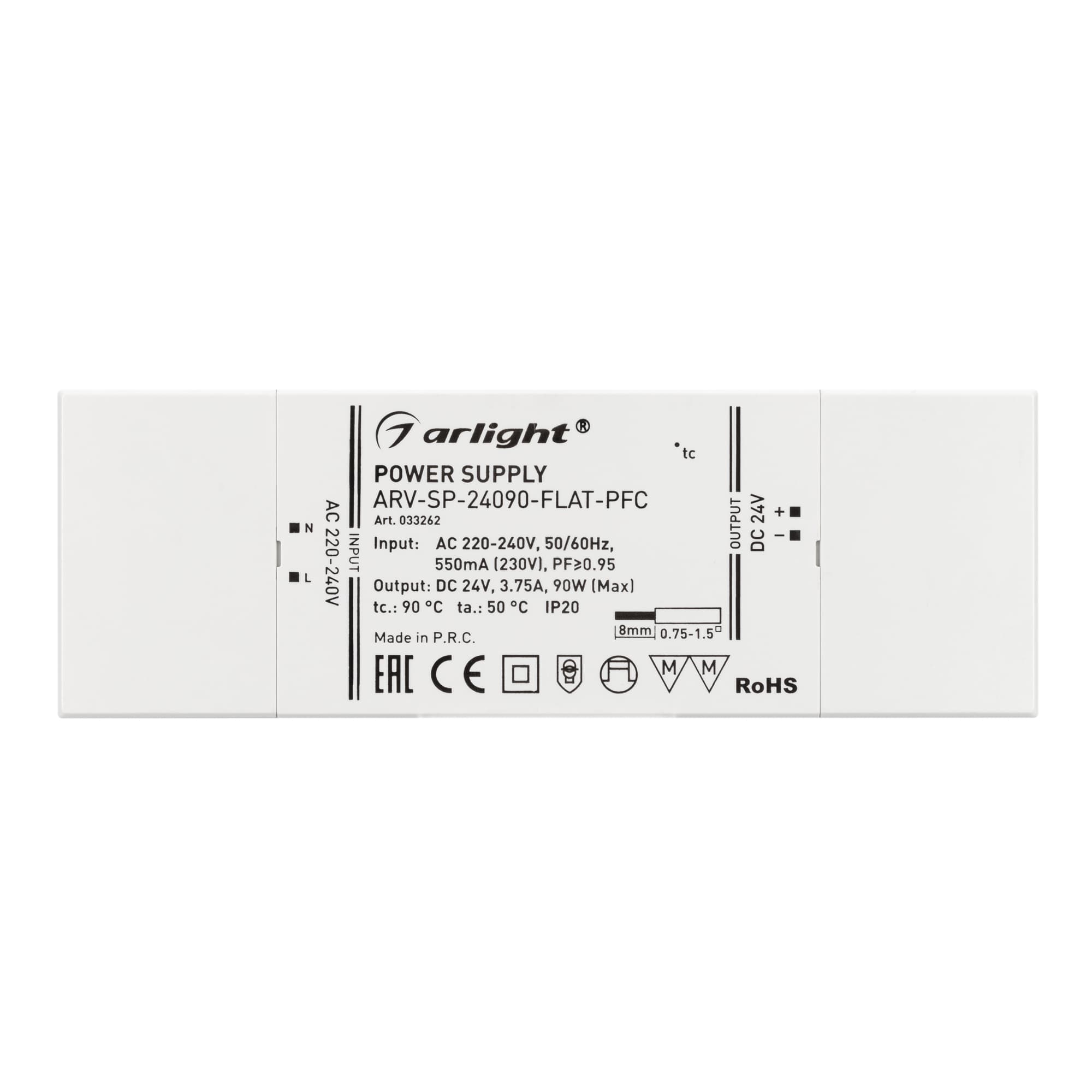 Блок питания ARV-SP-24090-FLAT-PFC (24V, 3.75A, 90W) ( IP20 Пластик, 5 лет)