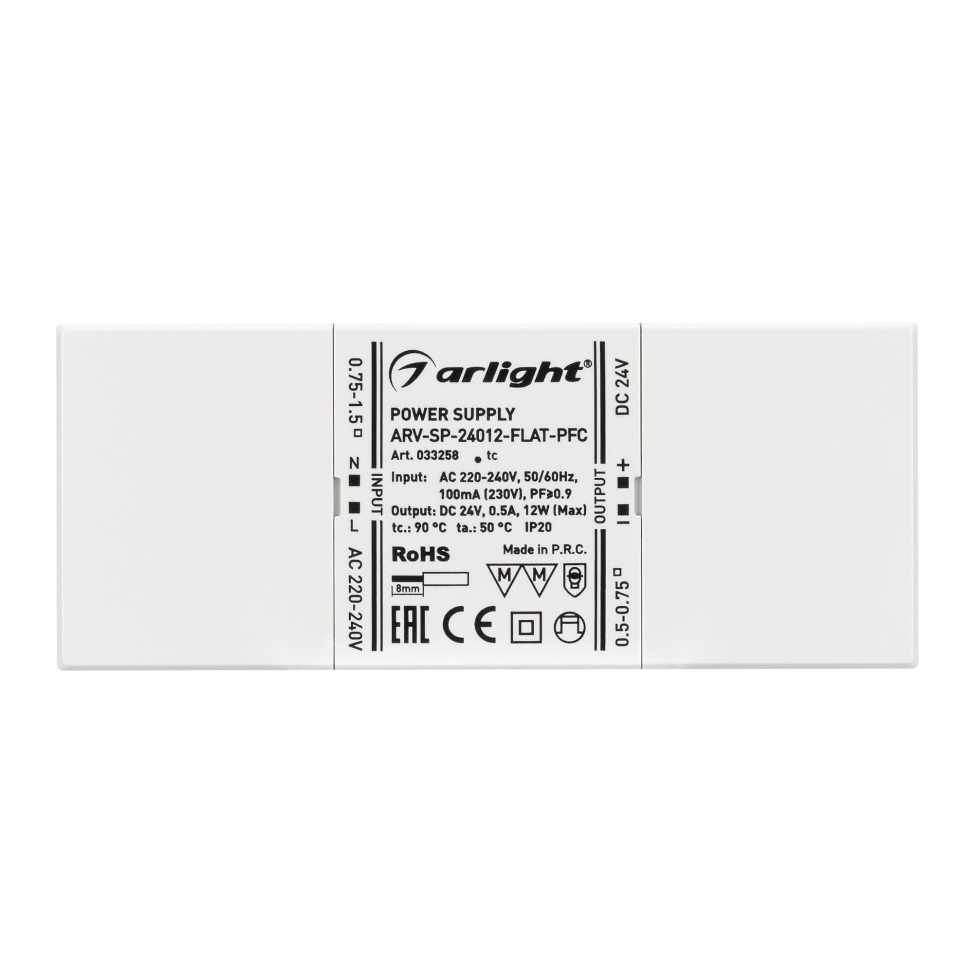 Блок питания ARV-SP-24012-FLAT-PFC (24V, 0.5A, 12W) ( IP20 Пластик, 5 лет)