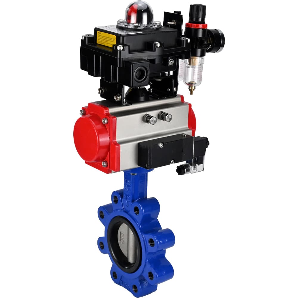Затвор дисковый поворотный QT450-304-EPDM-2W-Fb-H Ду80 Ру16 чугун QT450, диск нержавеющая сталь 304, уплотнение EPDM, пневмопривод SA-105, пневмораспределитель PND2-S1EM-52-1NC-J08-220VAC, БКВ LSB-410-02ExM12-250 и БПВ APU1-10-40-V08