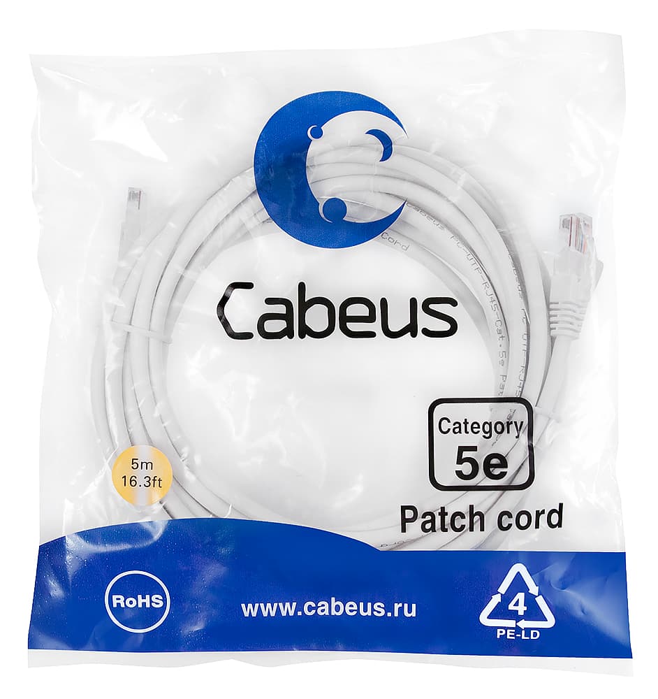 Патч-корд U/UTP, категория 5е, 2xRJ45/8p8c, неэкранированный, белый, LSZH, 5м