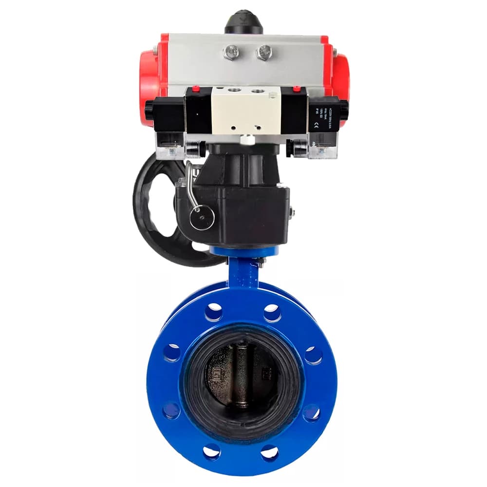Затвор дисковый поворотный GGG40-304-EPDM-2W-F-H Ду100 Ру16 чугун GGG40, диск нержавеющая сталь 304, уплотнение EPDM, с пневмоприводом DA-105, пневмораспределителем PND1-S2EM-52-2-T10-220VAC и ручным дублером HDM-3