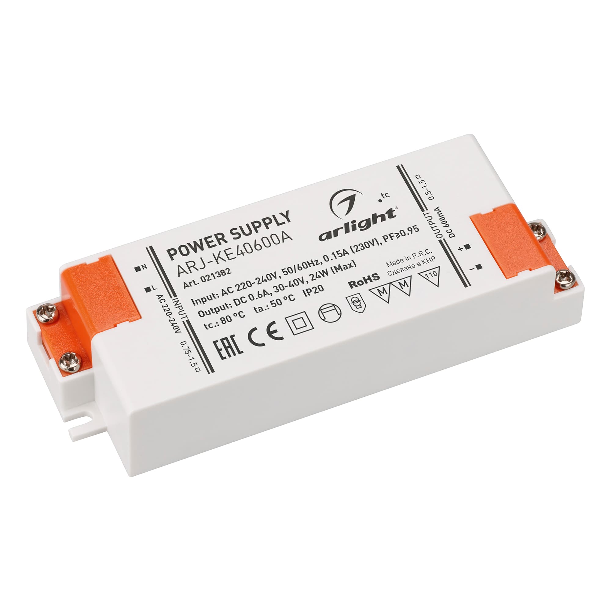 Блок питания ARJ-KE40600A (24W, 600mA, PFC) (ARL, IP20 Пластик, 5 лет)