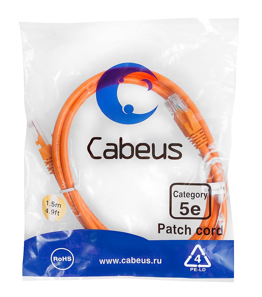 Патч-корд U/UTP, категория 5е, 2xRJ45/8p8c, неэкранированный, оранжевый, PVC, 1.5м