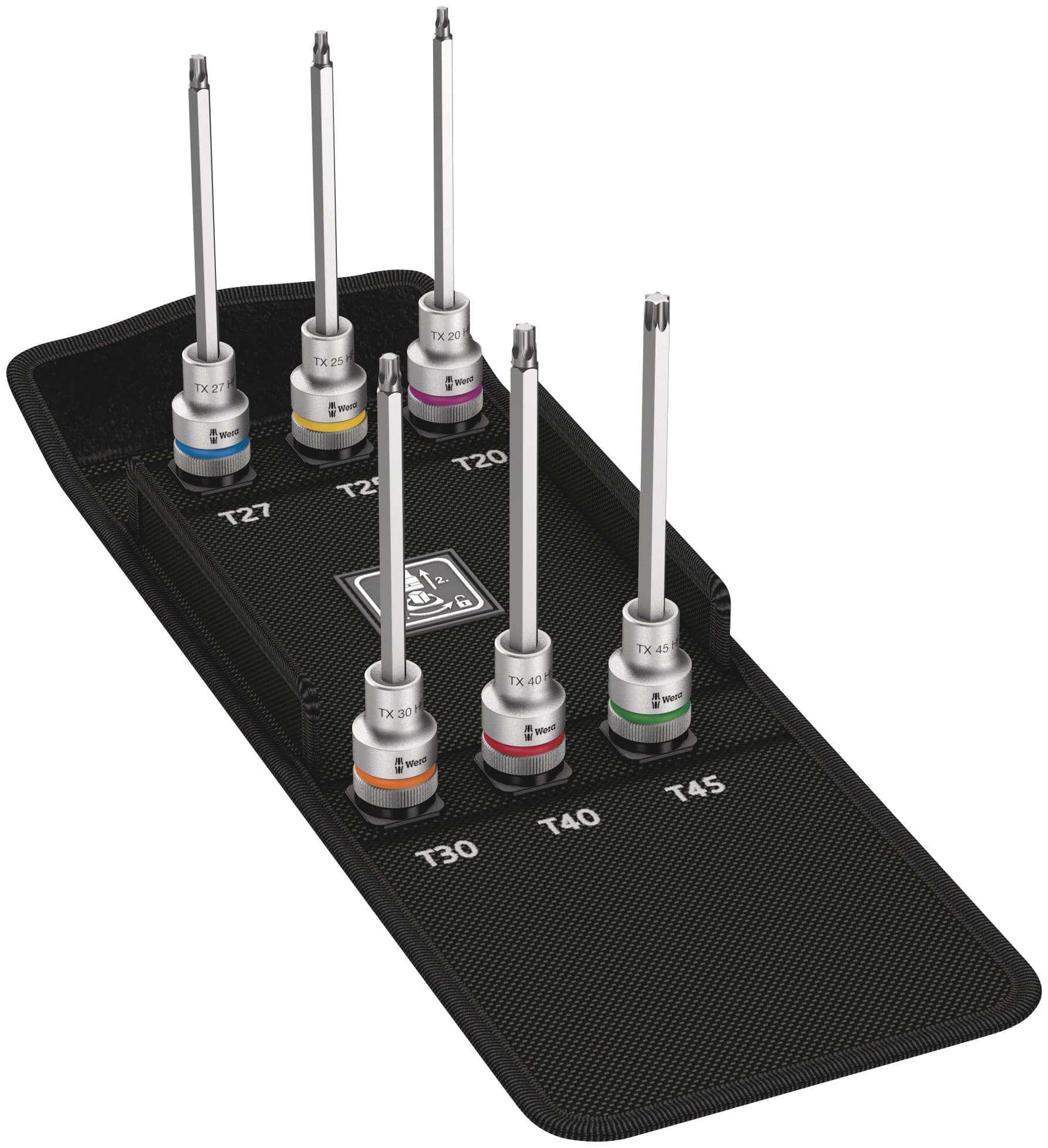 Набор головок торцевых со вставкой длинных 8767 C TORX HF 2 Zyklop с функцией фиксации крепежа DR 1/2 6 предметов комплектация: 6x 8767 C HF TORX Головка торцевая со вставкой Zyklop с приводом 1/2 с функцией фиксации крепежа: TX 20x140.0 TX 25x140.0 TX 27x140.0 TX 30x140.0 TX 40x140.0 TX 45x140.0 1x Набор полосок на липучках № 120 70 x 50 мм