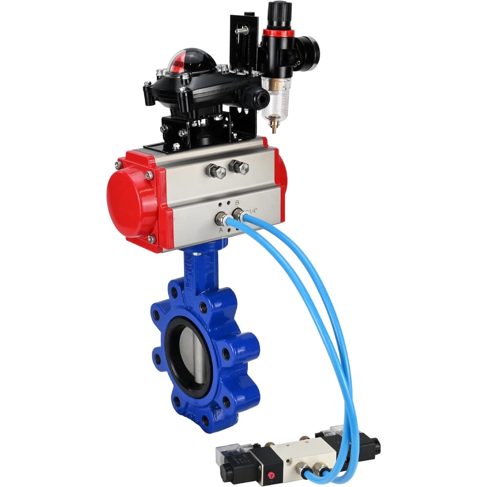Затвор дисковый поворотный QT450-304-NBR-2W-Fb-H Ду65 Ру16 чугун QT450, диск нержавеющая сталь 304, уплотнение NBR, пневмопривод SA-105, пневмораспределитель PND1-S2EM-52-2-T08-220VAC, БКВ LSB-210-02NM12-220/24 и БПВ APU1-10-40-V08