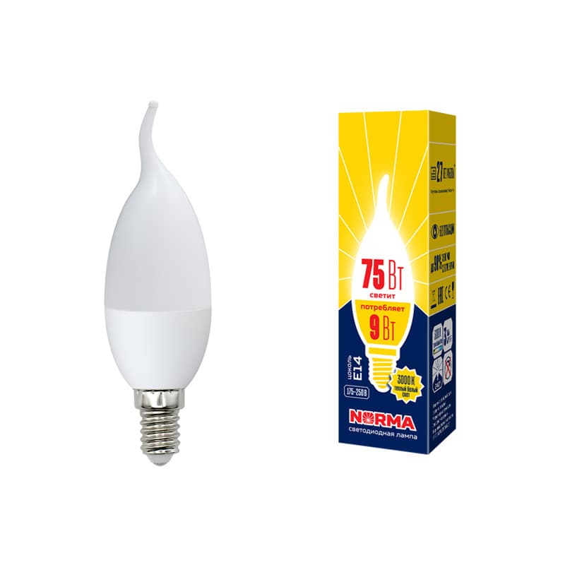 Лампа светодиодная LED-CW37-9W/WW/E14/FR/NR Форма свеча на ветру, матовая, Norma, теплый белый свет (3000K), картон, ТМ Volpe