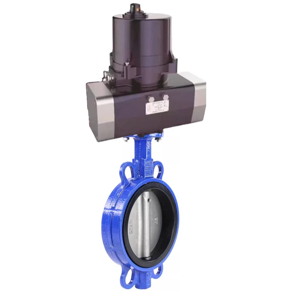 Затвор дисковый поворотный для абразивных сред QT450-316-EPDM-2W-Fb-H Ду150 Ру16 корпус чугун QT450, диск нержавеющая сталь 316L, уплотнение EPDM, с электроприводом (сервоприводом) ЭПВП-020 220В с пружинным возвратом