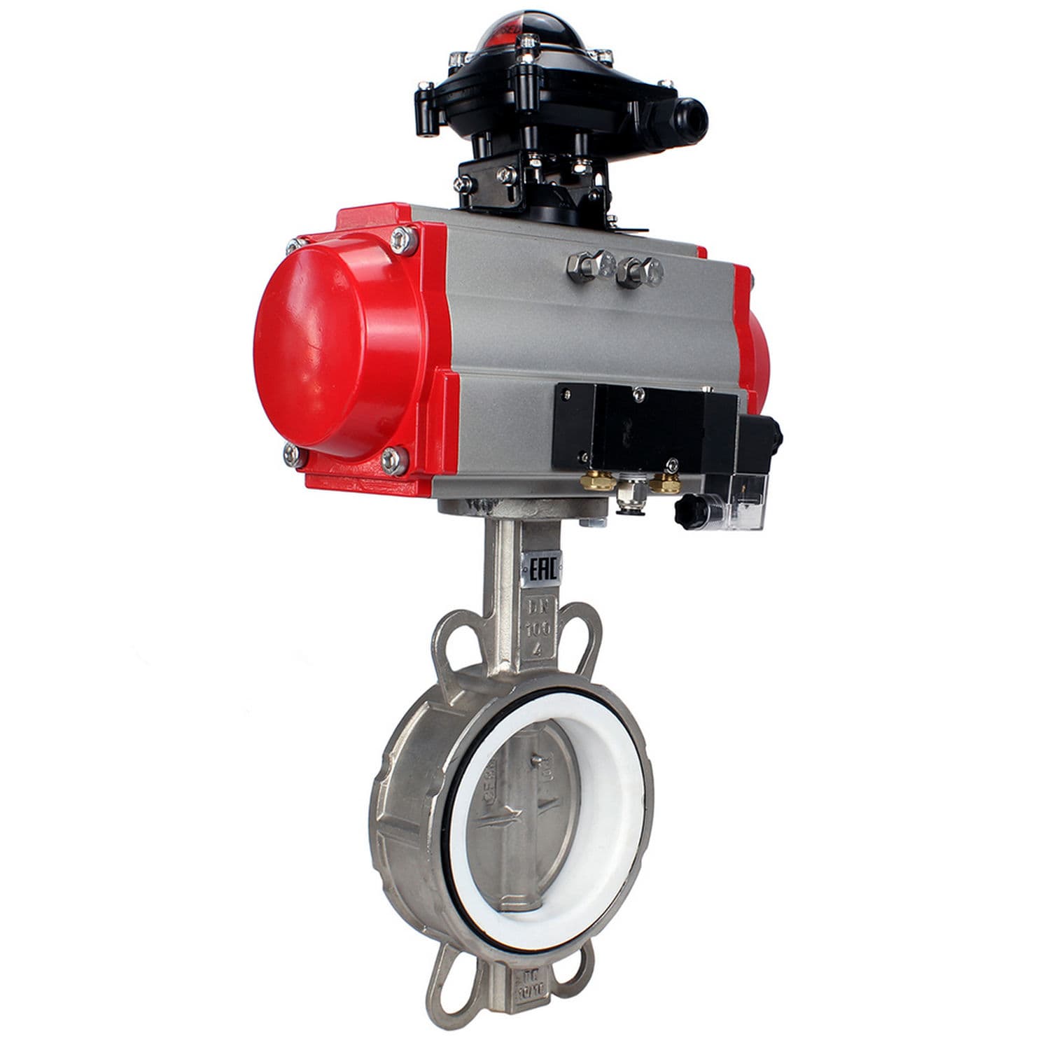 Затвор дисковый поворотный 316L-316L-PTFE Ду40 Ру16, корпус и диск нержавеющая сталь 316L, уплотнение PTFE, пневмопривод SA-105, пневмораспределитель PND2-S1EM-52-1NC-J08-220VAC, с БКВ LSB-210-02NM12-220/24