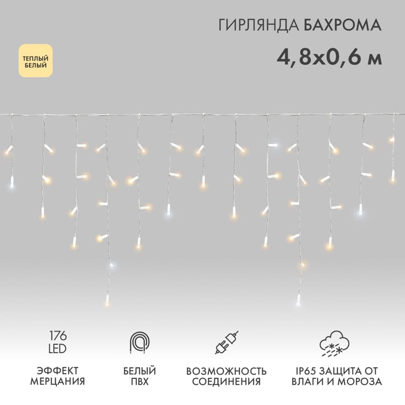 Гирлянда Айсикл 4,8х0,6 м, с эффектом мерцания, белый ПВХ, 176 LED, теплый белый, 230 В