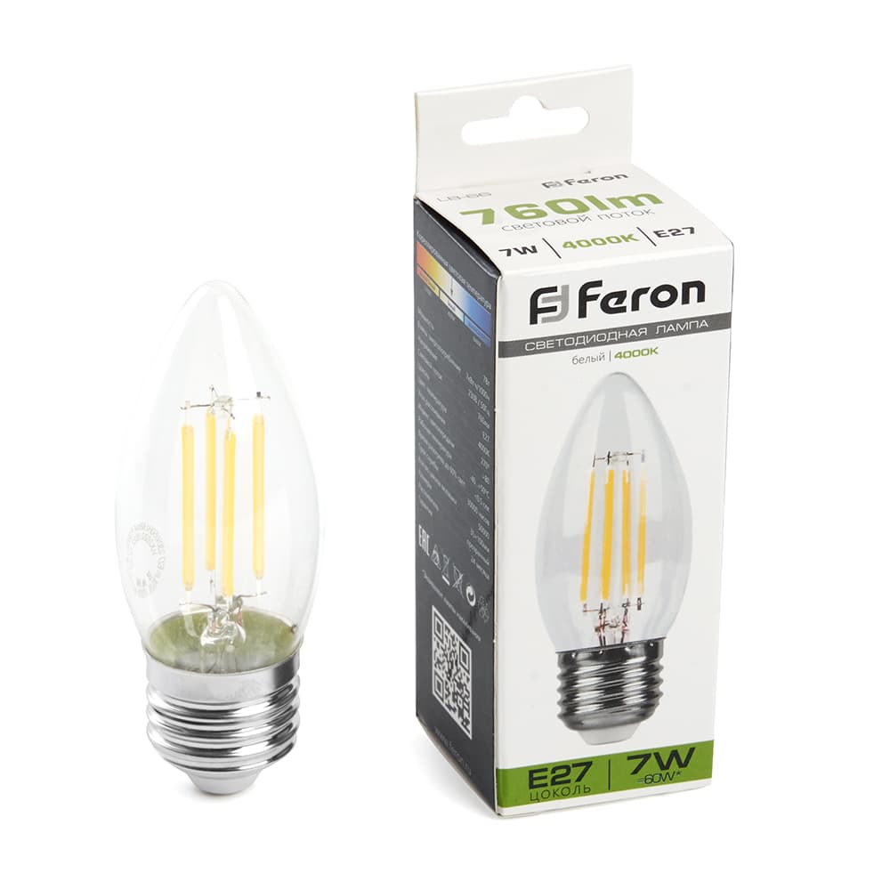 Лампа светодиодная LED 7вт Е27 белый свеча FILAMENT
