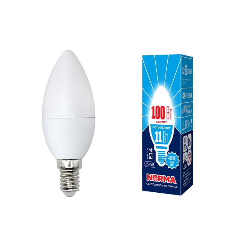 Лампа светодиодная LED-C37-11W/NW/E14/FR/NR Форма свеча, матовая, Norma, белый свет (4000K), картон, ТМ Volpe