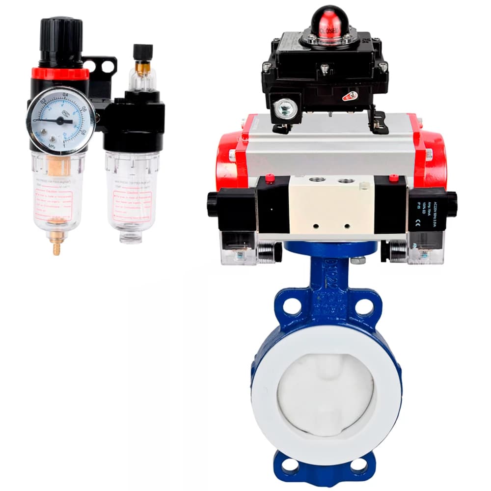 Затвор дисковый WCB-WCB-PTFE-PTFE-Fb-H Ду125 Ру16 корпус и диск углеродистая сталь WCB, футерованный PTFE, уплотнение PTFE, пневмопривод DA-083, пневмораспределителем PND1-S2EM-52-2-T08-220VAC, БКВ LSB-410-02ExM12-250 и БПВ APU1-10-40-V08
