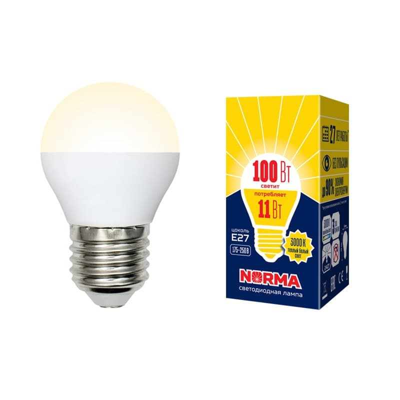 Лампа светодиодная LED-G45-11W/WW/E27/FR/NR Форма шар, матовая, Norma, теплый белый свет (3000K), картон, ТМ Volpe
