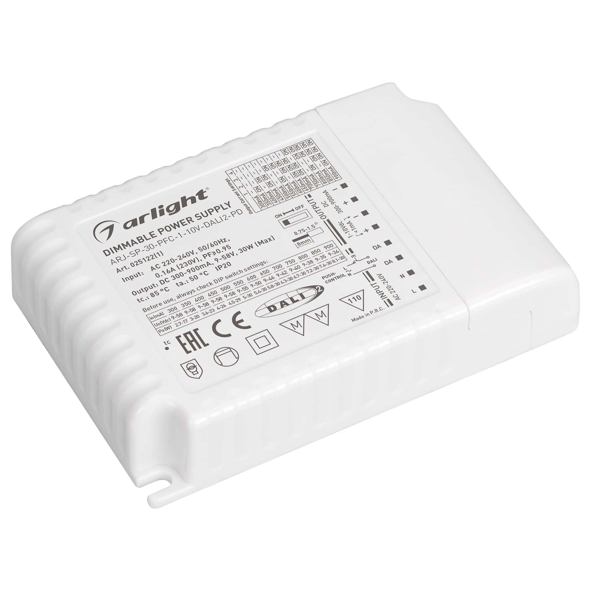 Блок питания ARJ-SP-30-PFC-1-10V-DALI2-PD (30W, 300-900mA) ( IP20 Пластик, 5 лет)