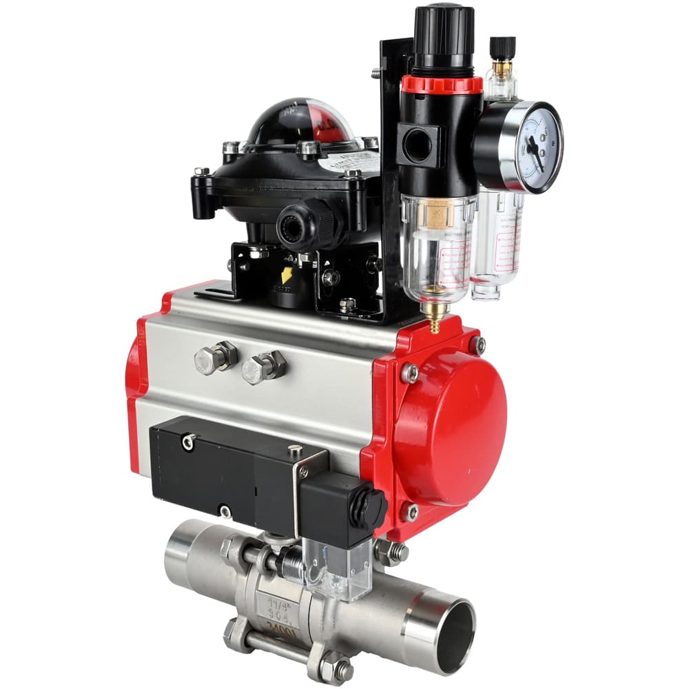 Кран шаровой 316-316-PTFE-W-ISO-H Ду80 Ру25 полнопроходной, нержавеющая сталь 316, уплотнение PTFE, под приварку, пневмопривод DA-083, пневмораспределитель PND2-S1EM-52-1NC-J08-24VDC, БКВ LSB-210-02NM12-220/24, БПВ APU1-10-40-V08