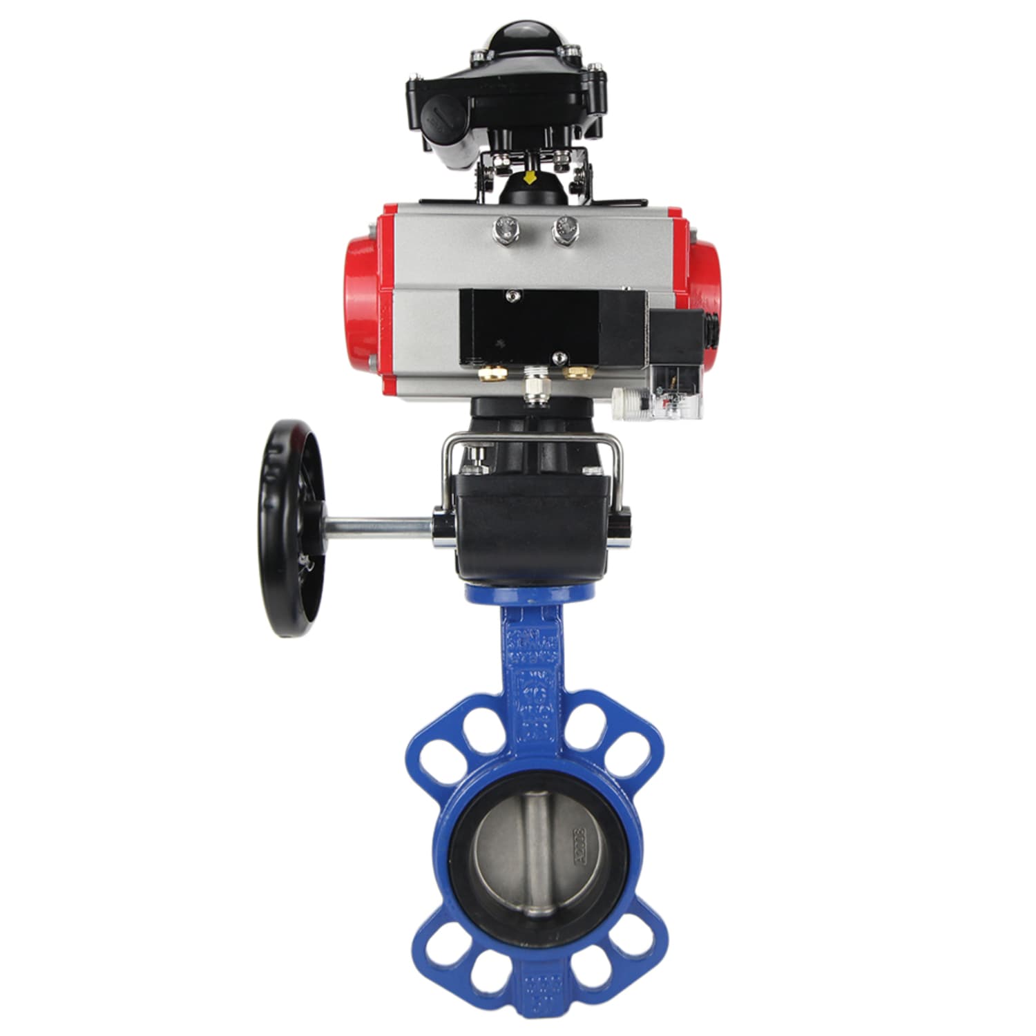 Затвор дисковый поворотный GGG50-316L-EPDM Ду125 Ру16, корпус чугун GGG50, диск нержавеющая сталь 316L, уплотнение EPDM, пневмопривод DA-083, пневмораспределитель PND2-S1EM-52-1NC-J08-220VAC, с БКВ LSB-210-02NM12-220/24, ручной дублёр HDM-2