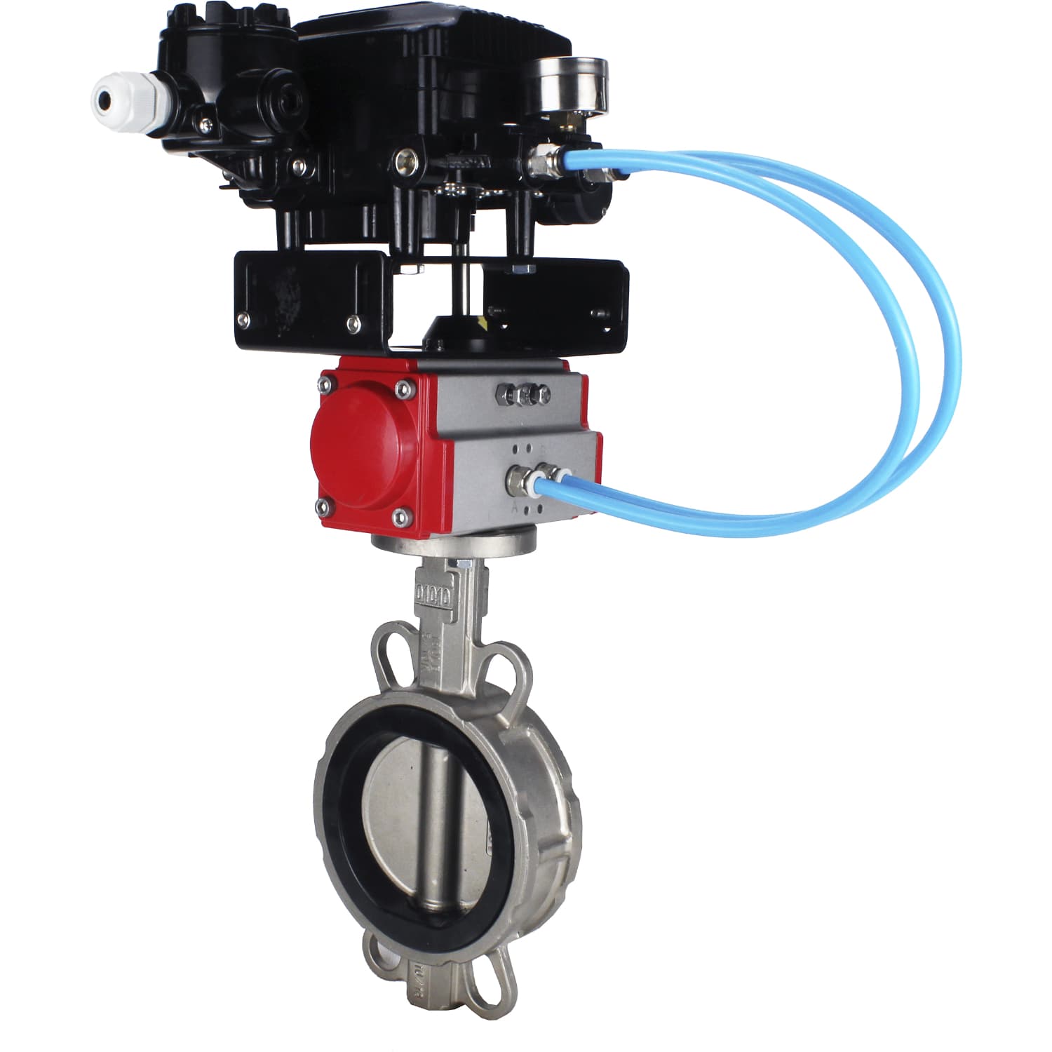 Затвор дисковый поворотный 304-304-EPDM-2W-Fb-H Ду100 Ру16, корпус нержавеющая сталь 304, диск нержавеющая сталь 304, уплотнение EPDM, с пневмоприводом SA-130 и позиционером EPRP1-NU-Fb-H-08 с обратной связью